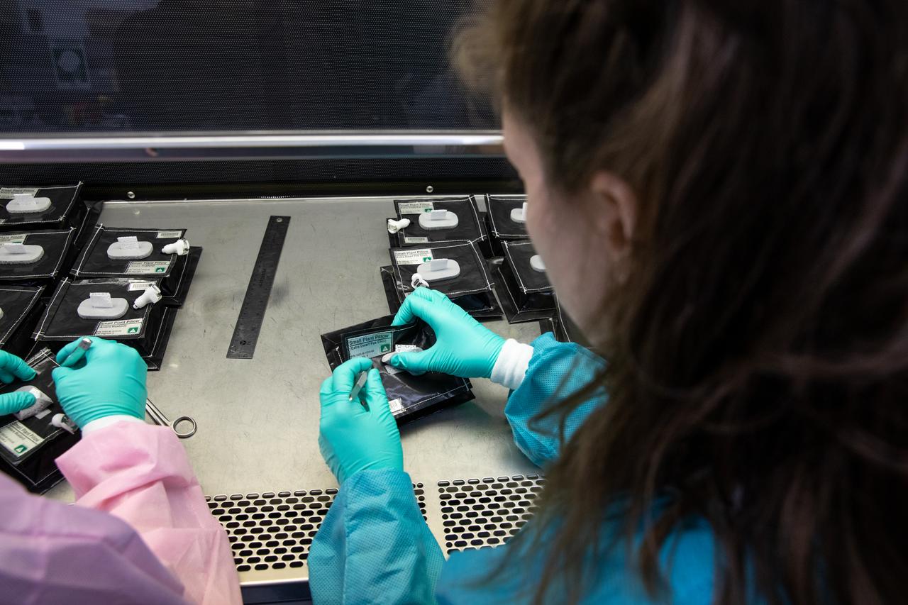 Inside the Space Station Processing Facility on Jan. 21, 2020, Jess Bunchek, a pseudonaut and associate scientist at NASA’s Kennedy Space Center in Florida, prepares plant pillows for their flight to the International Space Station. The pillows, which are a common method used to grow plants in space, are being sent to the orbiting laboratory on Northrop Grumman’s 13th resupply services (NG-13) mission for a series of VEG-03 experiments that will study the growth of three types of leafy greens in a microgravity environment. Once the pillows are assembled and packaged for flight, they will be transported to the agency’s Wallops Flight Facility in Virginia, where liftoff will occur. NG-13 is scheduled to launch on Feb. 9, 2020, at 5:39 p.m. EST. 