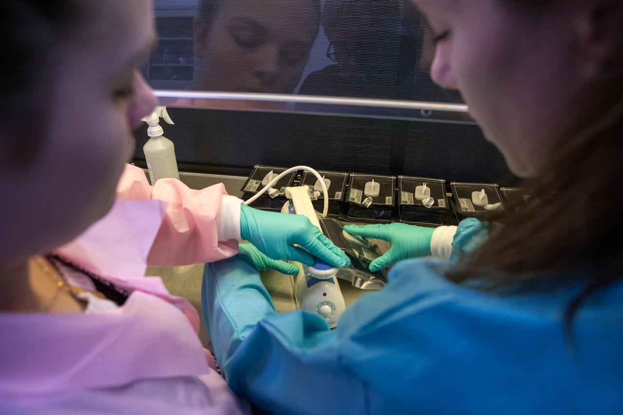 On Jan. 21, 2020, inside the Space Station Processing Facility at NASA’s Kennedy Space Center in Florida, intern Emily Kennebeck (left) and Jess Bunchek, a pseudonaut and associate scientist, prepare plant pillows for their upcoming flight to the International Space Station. The pillows, which are a common method used to grow plants in space, are being sent to the orbiting laboratory on Northrop Grumman’s 13th resupply services (NG-13) mission for a series of VEG-03 experiments that will study the growth of three types of leafy greens in a microgravity environment. Once the pillows are assembled and packaged for flight, they will be transported to the agency’s Wallops Flight Facility in Virginia, where liftoff will occur. NG-13 is scheduled to launch on Feb. 9, 2020, at 5:39 p.m. 