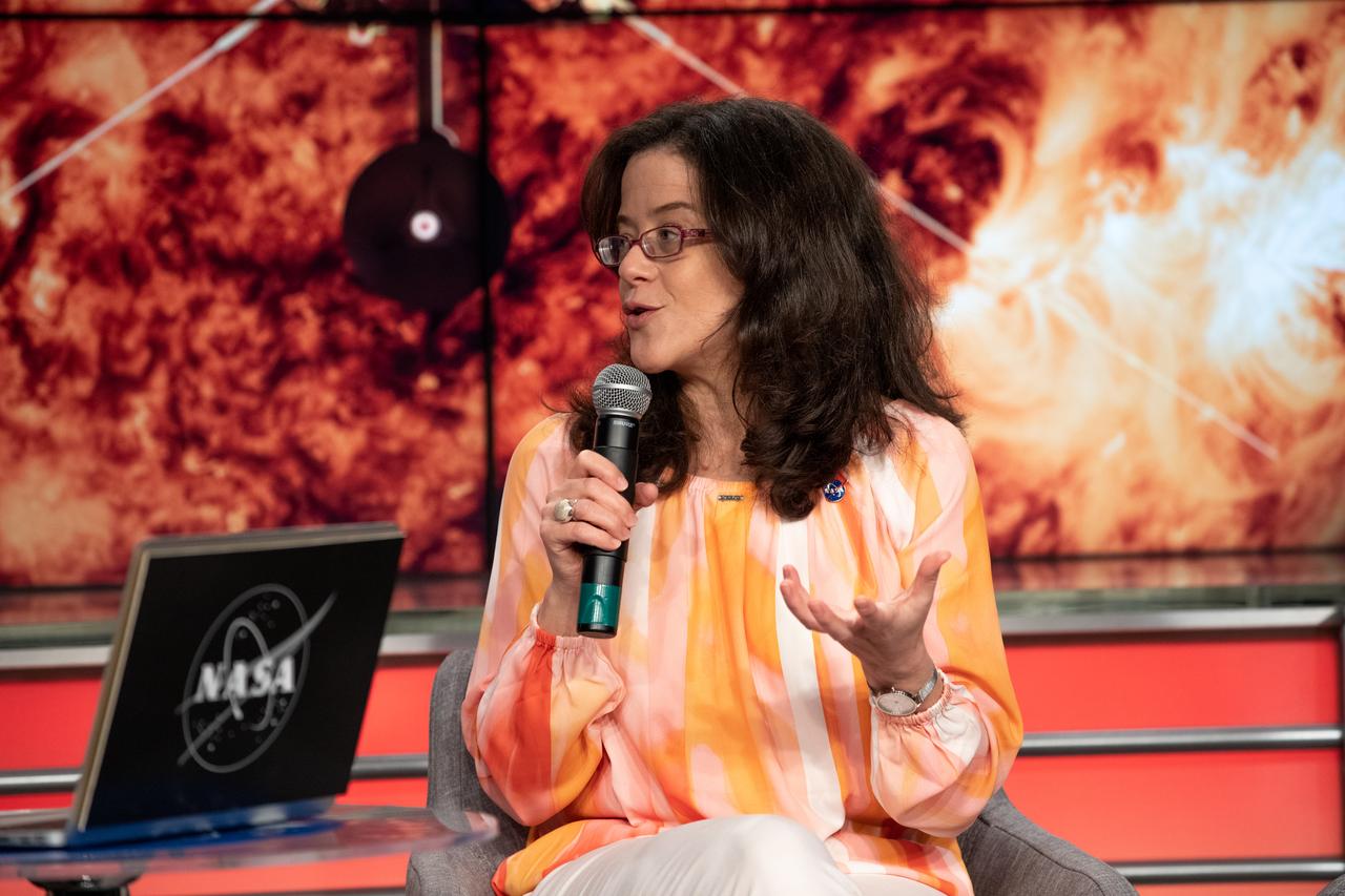 Teresa Nieves-chinchilla, deputy project scientist at NASA’s Goddard Space Flight Center in Greenbelt, Maryland, participates in a Spanish Facebook Live event for the Solar Orbiter mission in the Press Site auditorium at the agency’s Kennedy Space Center in Florida on Jan. 29, 2020. Solar Orbiter is an international cooperative mission between ESA (European Space Agency) and NASA. The mission aims to study the Sun, its outer atmosphere and solar wind. The spacecraft will provide the first images of the Sun’s poles. NASA’s Launch Services Program based at Kennedy is managing the launch. The spacecraft has been developed by Airbus Defence and Space. Solar Orbiter will launch in February 2020 aboard a United Launch Alliance Atlas V rocket from Space Launch Complex 41 at Cape Canaveral Air Force Station in Florida.