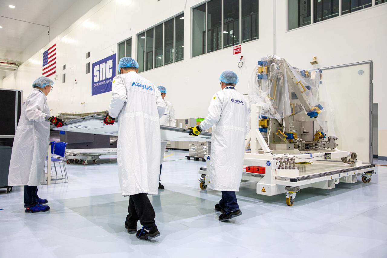 Airbus workers unpack the Bartolomeo platform in the Space Station Processing Facility high bay at NASA’s Kennedy Space Center in Florida on Jan. 30, 2020. Bartolomeo was manufactured by Airbus Defence and Space. The platform will be delivered to the International Space Station aboard SpaceX’s 20th Commercial Resupply Services (CRS-20) mission for the agency. The platform will attach to the exterior of the space station’s European Columbus Module. Named for the younger brother of Christopher Columbus, the platform has the capability to host external payloads in low-Earth orbit on the station. CRS-20 is scheduled to launch aboard SpaceX’s Dragon cargo spacecraft atop the company’s Falcon 9 rocket in March 2020.