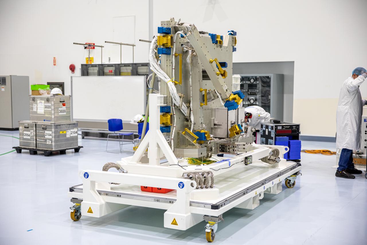 Airbus workers unpack the Bartolomeo platform in the Space Station Processing Facility high bay at NASA’s Kennedy Space Center in Florida on Jan. 30, 2020. Bartolomeo was manufactured by Airbus Defence and Space. The platform will be delivered to the International Space Station aboard SpaceX’s 20th Commercial Resupply Services (CRS-20) mission for the agency. The platform will attach to the exterior of the space station’s European Columbus Module. Named for the younger brother of Christopher Columbus, the platform has the capability to host external payloads in low-Earth orbit on the station. CRS-20 is scheduled to launch aboard SpaceX’s Dragon cargo spacecraft atop the company’s Falcon 9 rocket in March 2020.