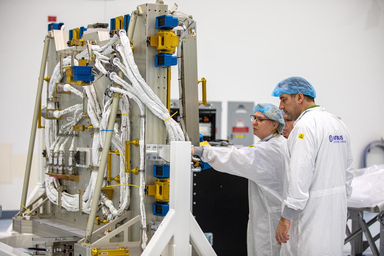 Airbus workers inspect the Bartolomeo platform after it was unpacked from its shipping container in the Space Station Processing Facility high bay at NASA’s Kennedy Space Center in Florida on Jan. 30, 2020. Bartolomeo was manufactured by Airbus Defence and Space. The platform will be delivered to the International Space Station aboard SpaceX’s 20th Commercial Resupply Services (CRS-20) mission for the agency. The platform will attach to the exterior of the space station’s European Columbus Module. Named for the younger brother of Christopher Columbus, the platform has the capability to host external payloads in low-Earth orbit on the station. CRS-20 is scheduled to launch aboard SpaceX’s Dragon cargo spacecraft atop the company’s Falcon 9 rocket in March 2020.