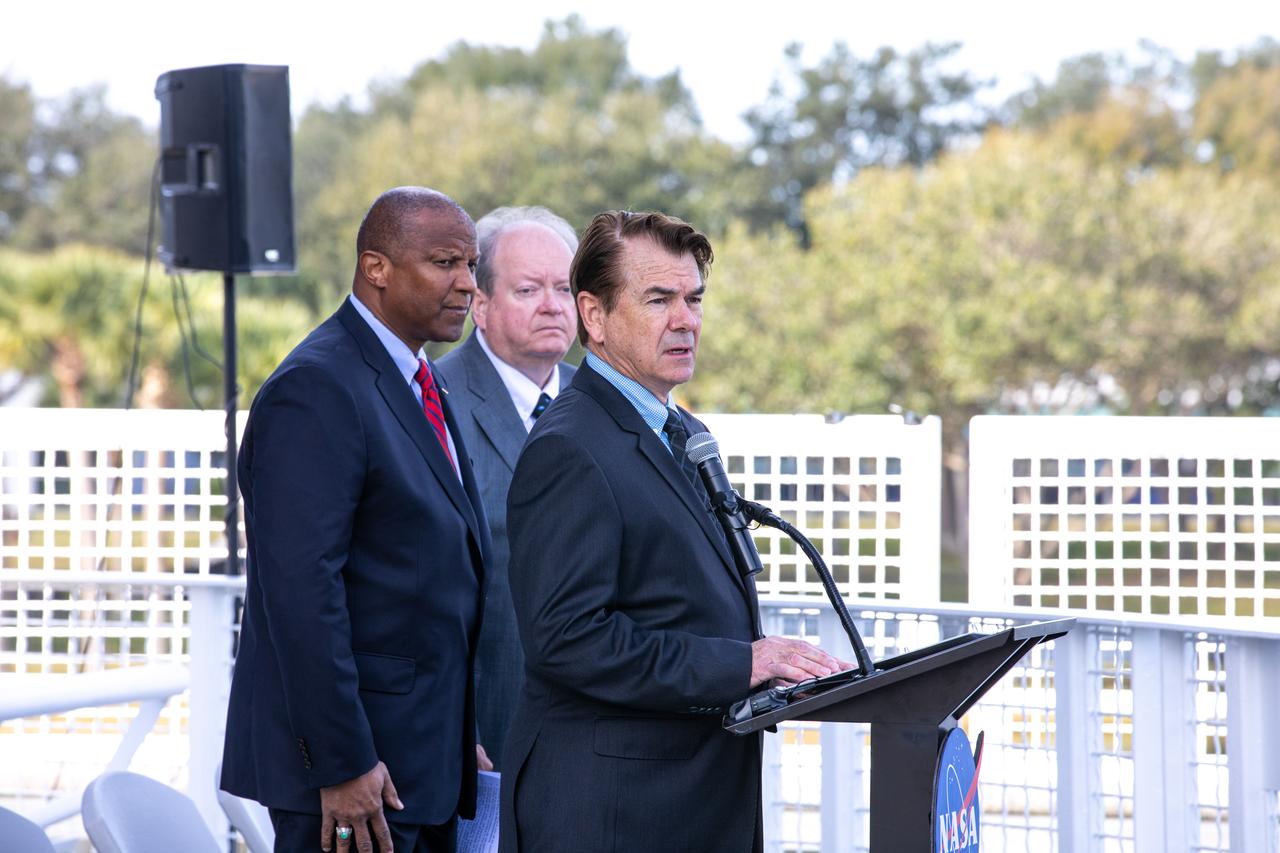 Astronauts Memorial Foundation CEO Thad Altman addresses the audience during the NASA Day of Remembrance ceremony at the Space Mirror Memorial in the Kennedy Space Center Visitor Complex on Jan. 30, 2020. Behind Altman, from left to right, are Kelvin Manning, Kennedy associate director, technical; and Burt Summerfield, associate director, management. The crews of Apollo 1 and space shuttles Challenger and Columbia, as well as other fallen astronauts who lost their lives in the name of space exploration and discovery, were honored at the annual event.