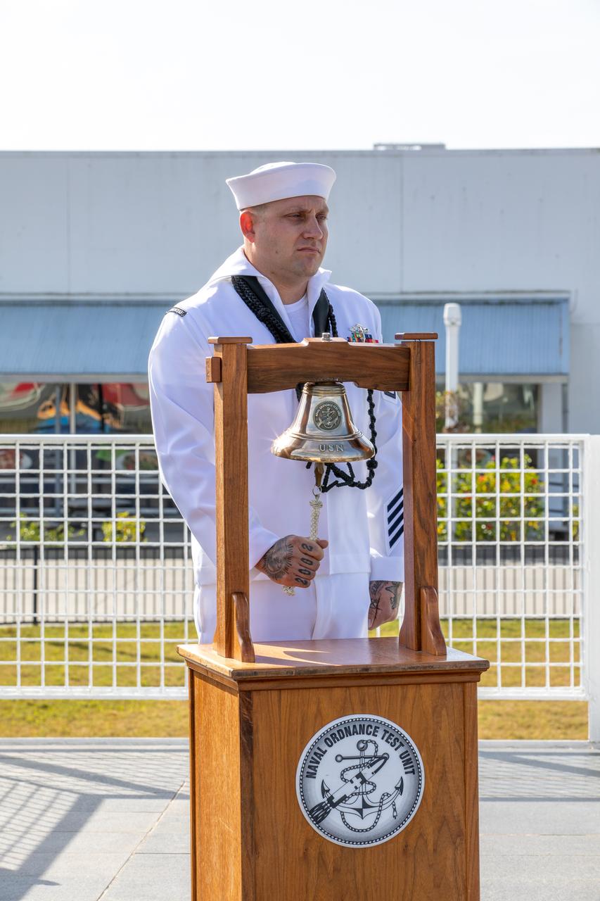 Boatswain’s Mate First Class Ronald Stewart rings the bell during the NASA Day of Remembrance ceremony at the Space Mirror Memorial in the Kennedy Space Center Visitor Complex on Jan. 30, 2020. The crews of Apollo 1 and space shuttles Challenger and Columbia, as well as other fallen astronauts who lost their lives in the name of space exploration and discovery, were honored at the annual event.
