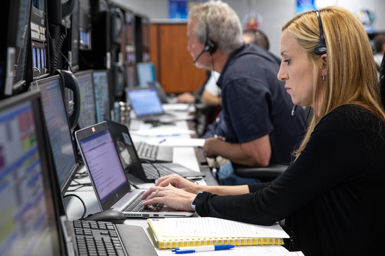 On Feb. 3, 2020, Melissa Batis, an operations project engineer, participates in an Artemis I launch countdown training exercise inside Firing Room 1 in the Launch Control Center at NASA’s Kennedy Space Center in Florida. Under the leadership of Launch Director Charlie Blackwell-Thompson, a team of nearly 100 engineers from Orion, Space Launch System (SLS) and NASA’s Exploration Ground Systems came together to work through a series of simulated challenges, as well as a final countdown procedure. During these exercises, different issues were introduced to familiarize the team with launch day operations, while providing them with an opportunity to practice how they would handle those issues in real-time. Artemis I will be the first integrated test flight of the Orion spacecraft and SLS rocket – the system that will ultimately land the first woman and the next man on the Moon. 
