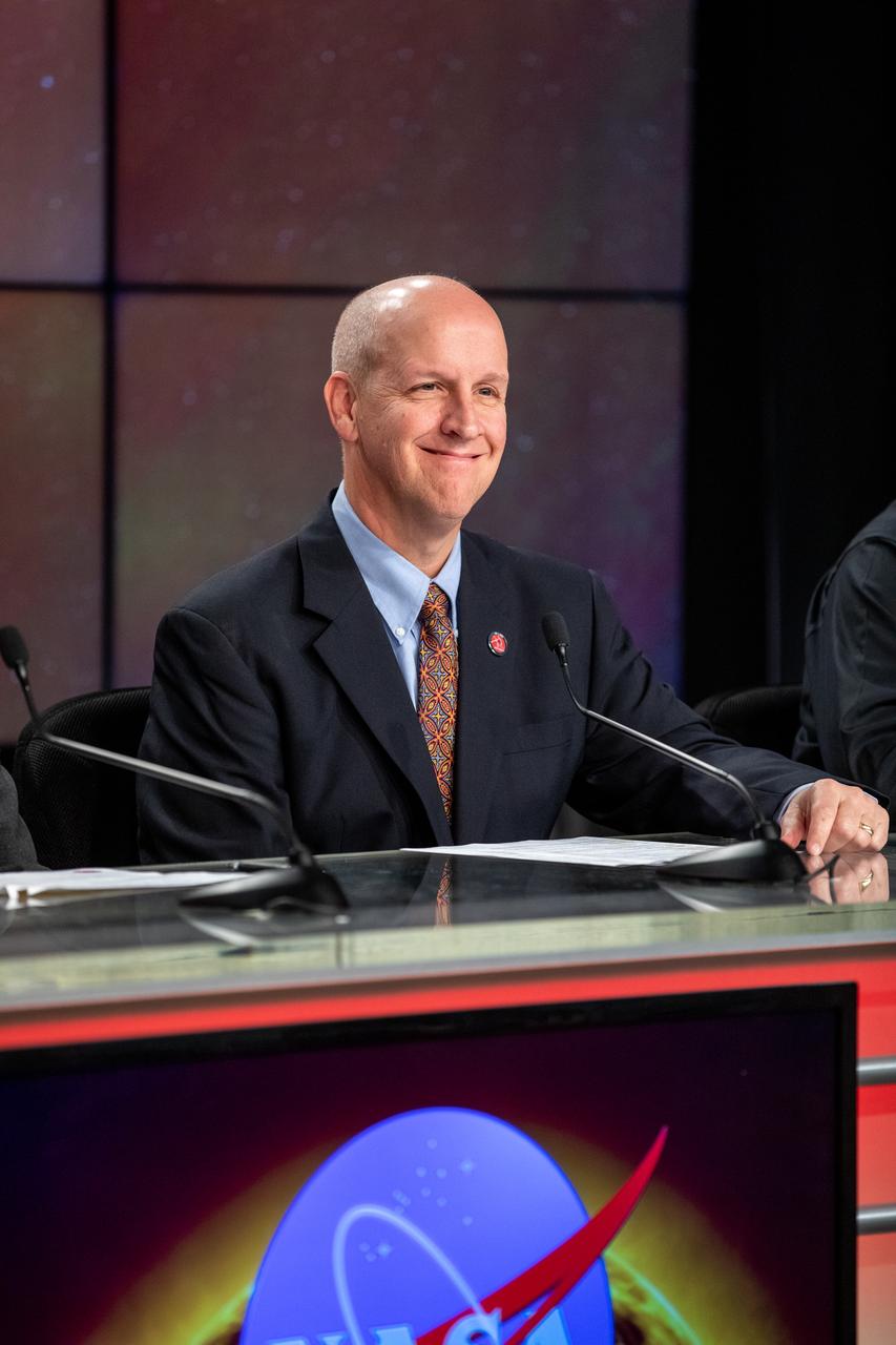 Tim Dunn, launch director, NASA Launch Services Program, participates in a prelaunch news conference for the Solar Orbiter mission at NASA’s Kennedy Space Center in Florida on Feb. 7, 2020. Solar Orbiter is an international cooperative mission between ESA (European Space Agency) and NASA. The mission aims to study the Sun, its outer atmosphere and solar wind. The spacecraft will provide the first images of the Sun’s poles. The spacecraft was developed by Airbus Defence and Space. NASA’s Launch Services Program based at Kennedy is managing the launch. Solar Orbiter will launch aboard a United Launch Alliance Atlas V rocket on Feb. 9, 2020, from Space Launch Complex 41 at Cape Canaveral Air Force Station.