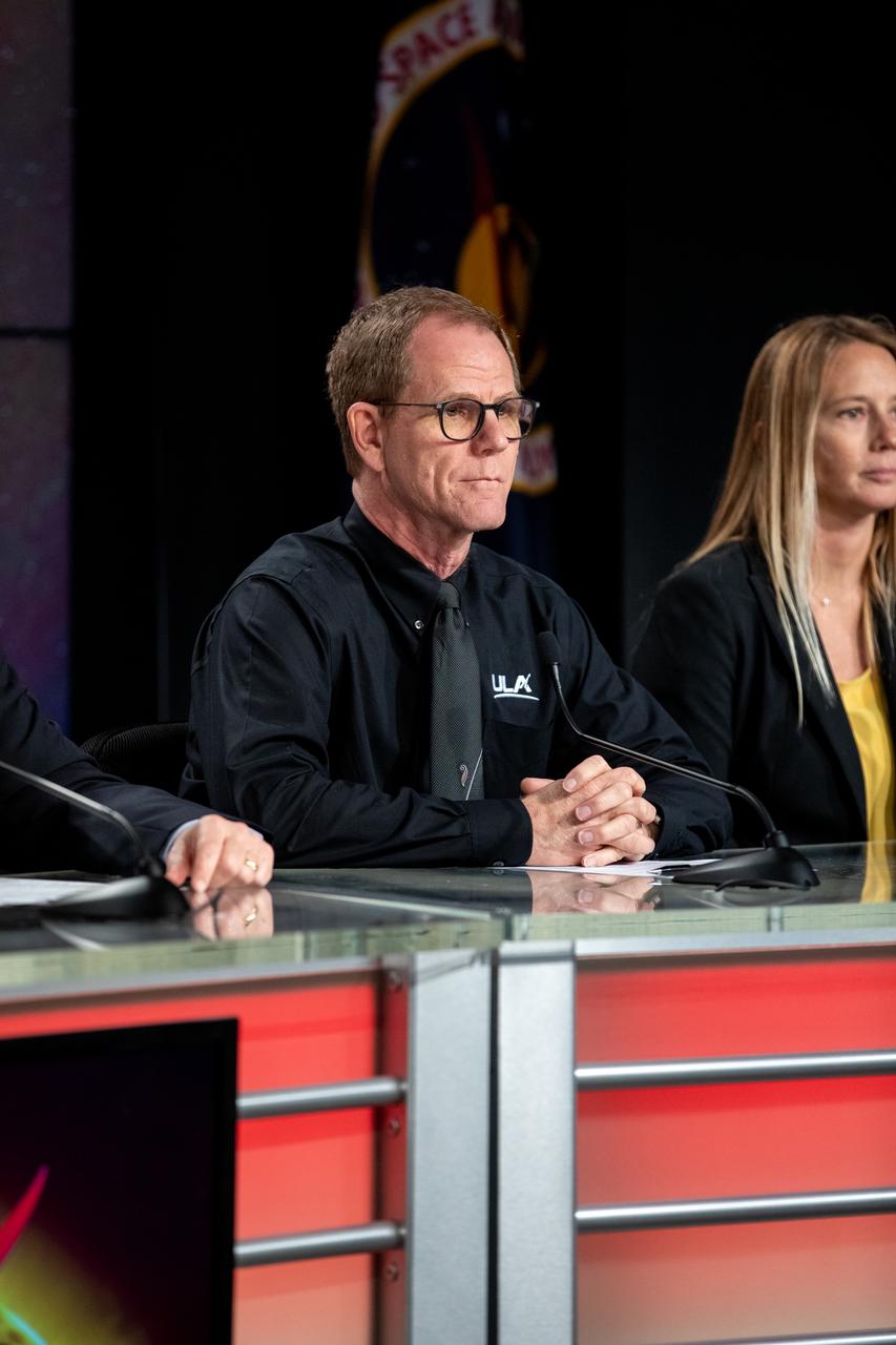 From left, Scott Messer, NASA LSP Program manager, United Launch Alliance; and Jessica Williams, 45th Space Wing Weather officer, participate in a prelaunch news conference for the Solar Orbiter mission at NASA’s Kennedy Space Center in Florida on Feb. 7, 2020. Solar Orbiter is an international cooperative mission between ESA (European Space Agency) and NASA. The mission aims to study the Sun, its outer atmosphere and solar wind. The spacecraft will provide the first images of the Sun’s poles. The spacecraft was developed by Airbus Defence and Space. NASA’s Launch Services Program based at Kennedy is managing the launch. Solar Orbiter will launch aboard a United Launch Alliance Atlas V rocket on Feb. 9, 2020, from Space Launch Complex 41 at Cape Canaveral Air Force Station.