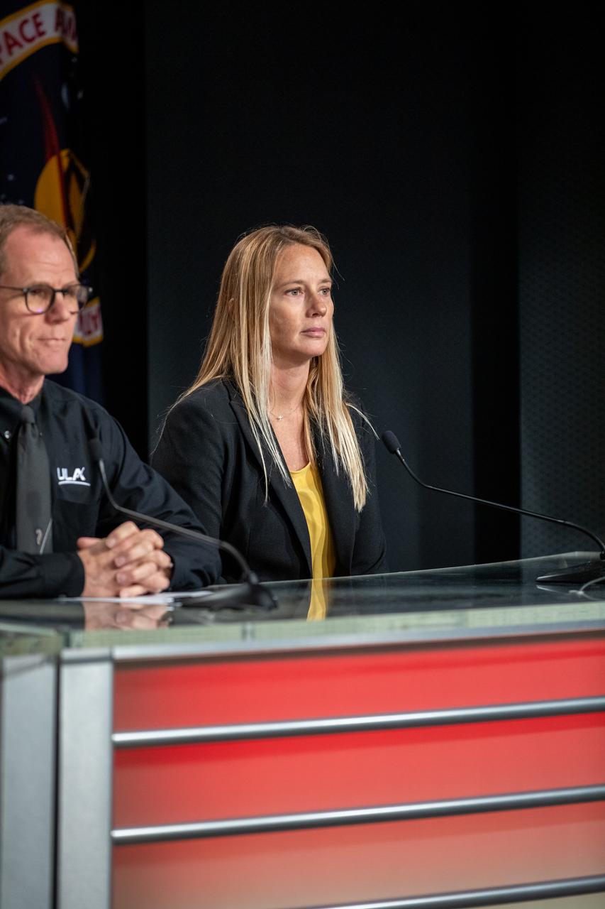 From left, Scott Messer, NASA LSP Program manager, United Launch Alliance; and Jessica Williams, 45th Space Wing Weather officer, participate in a prelaunch news conference for the Solar Orbiter mission at NASA’s Kennedy Space Center in Florida on Feb. 7, 2020. Solar Orbiter is an international cooperative mission between ESA (European Space Agency) and NASA. The mission aims to study the Sun, its outer atmosphere and solar wind. The spacecraft will provide the first images of the Sun’s poles. The spacecraft was developed by Airbus Defence and Space. NASA’s Launch Services Program based at Kennedy is managing the launch. Solar Orbiter will launch aboard a United Launch Alliance Atlas V rocket on Feb. 9, 2020, from Space Launch Complex 41 at Cape Canaveral Air Force Station.