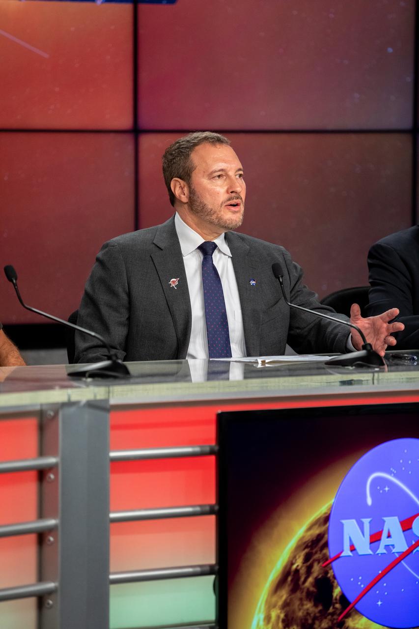 Alan Zide, Solar Orbiter Program executive, NASA Headquarters, participates in a prelaunch news conference for the Solar Orbiter mission at NASA’s Kennedy Space Center in Florida on Feb. 7, 2020. Solar Orbiter is an international cooperative mission between ESA (European Space Agency) and NASA. The mission aims to study the Sun, its outer atmosphere and solar wind. The spacecraft will provide the first images of the Sun’s poles. The spacecraft was developed by Airbus Defence and Space. NASA’s Launch Services Program based at Kennedy is managing the launch. Solar Orbiter will launch aboard a United Launch Alliance Atlas V rocket on Feb. 9, 2020, from Space Launch Complex 41 at Cape Canaveral Air Force Station.
