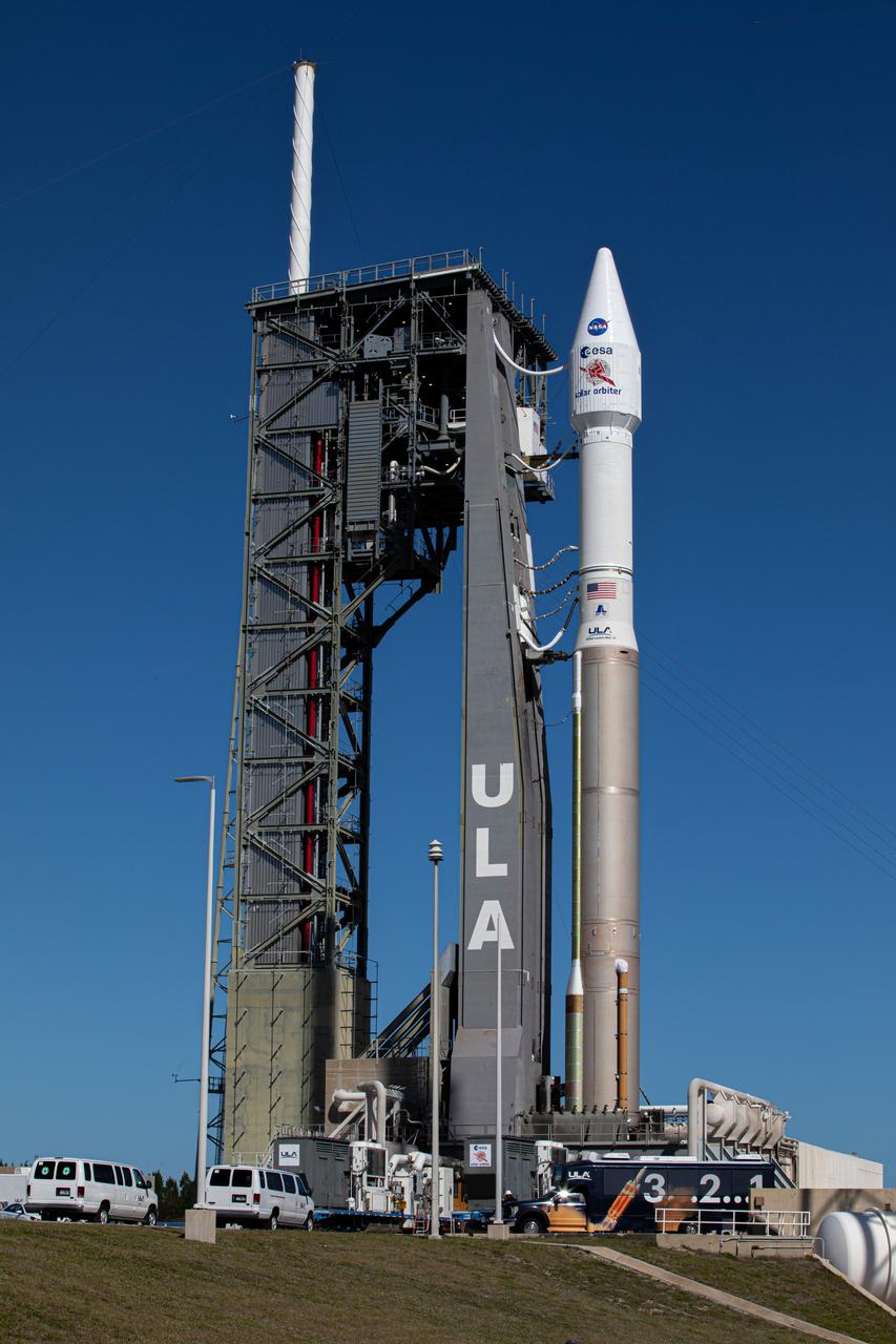 The United Launch Alliance Atlas V rocket with the Solar Orbiter spacecraft arrives at the launch pad at Space Launch Complex 41 on Cape Canaveral Air Force Station in Florida on Feb. 8, 2020. Solar Orbiter is an international cooperative mission between ESA (European Space Agency) and NASA. The mission aims to study the Sun, its outer atmosphere and solar wind. The spacecraft will provide the first images of the Sun’s poles. NASA’s Launch Services Program based at Kennedy is managing the launch. The spacecraft has been developed by Airbus Defence and Space. Solar Orbiter will launch Feb. 9, 2020 aboard the Atlas V rocket.