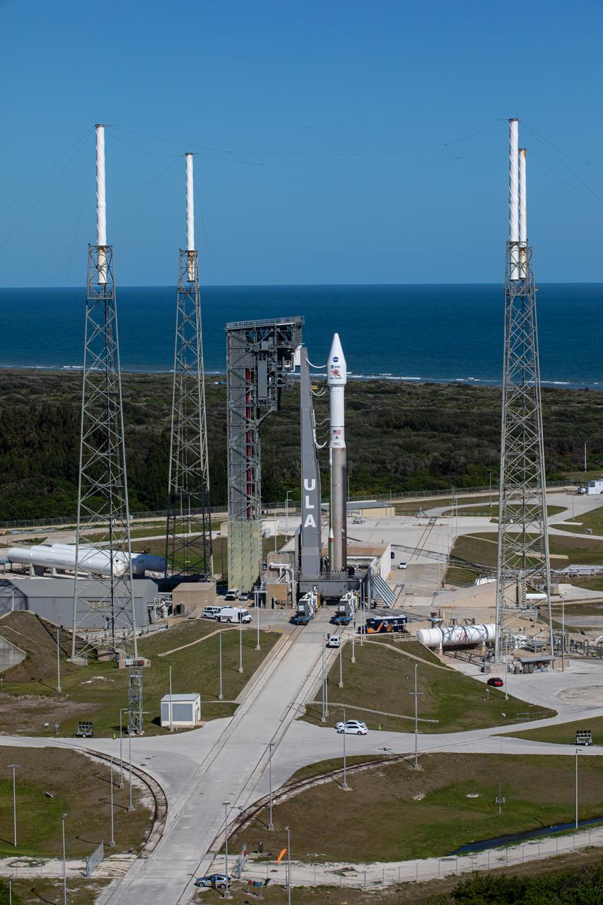 The United Launch Alliance Atlas V rocket with the Solar Orbiter spacecraft arrives at the launch pad at Space Launch Complex 41 on Cape Canaveral Air Force Station in Florida on Feb. 8, 2020. Solar Orbiter is an international cooperative mission between ESA (European Space Agency) and NASA. The mission aims to study the Sun, its outer atmosphere and solar wind. The spacecraft will provide the first images of the Sun’s poles. NASA’s Launch Services Program based at Kennedy is managing the launch. The spacecraft has been developed by Airbus Defence and Space. Solar Orbiter will launch Feb. 9, 2020 aboard the Atlas V rocket.