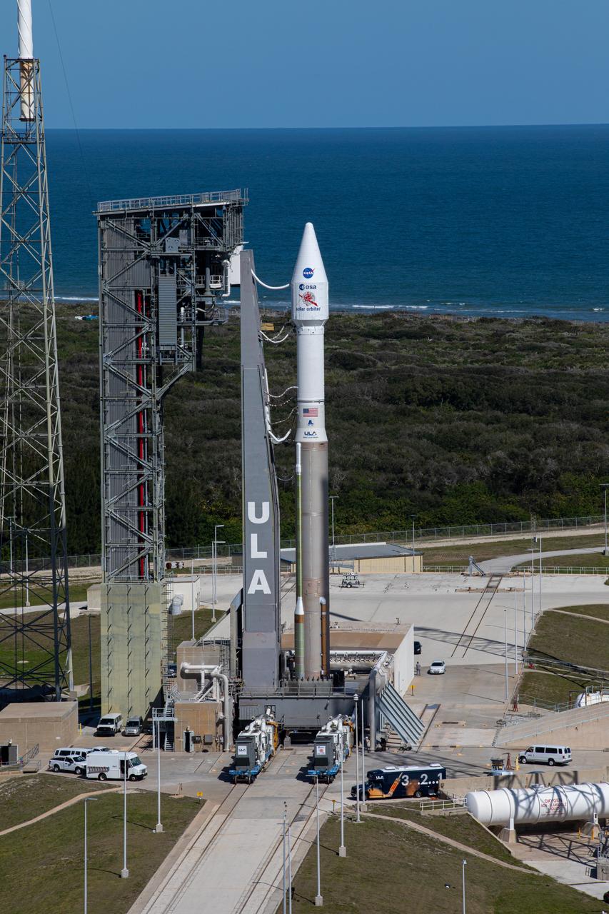 The United Launch Alliance Atlas V rocket with the Solar Orbiter spacecraft arrives at the launch pad at Space Launch Complex 41 on Cape Canaveral Air Force Station in Florida on Feb. 8, 2020. Solar Orbiter is an international cooperative mission between ESA (European Space Agency) and NASA. The mission aims to study the Sun, its outer atmosphere and solar wind. The spacecraft will provide the first images of the Sun’s poles. NASA’s Launch Services Program based at Kennedy is managing the launch. The spacecraft has been developed by Airbus Defence and Space. Solar Orbiter will launch Feb. 9, 2020 aboard the Atlas V rocket.