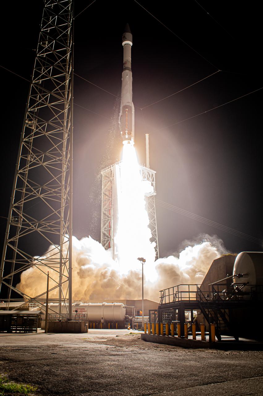 The United Launch Alliance Atlas V rocket, carrying the Solar Orbiter, climbs upward after liftoff from Space Launch Complex 41 on Cape Canaveral Air Force Station in Florida on Feb. 9, 2020. Liftoff was at 11:03 p.m. EST. Solar Orbiter is an international cooperative mission between ESA (European Space Agency) and NASA. The mission aims to study the Sun, its outer atmosphere and solar wind. The spacecraft will provide the first images of the Sun’s poles. The spacecraft was developed by Airbus Defence and Space. NASA’s Launch Services Program based at Kennedy managed the launch.