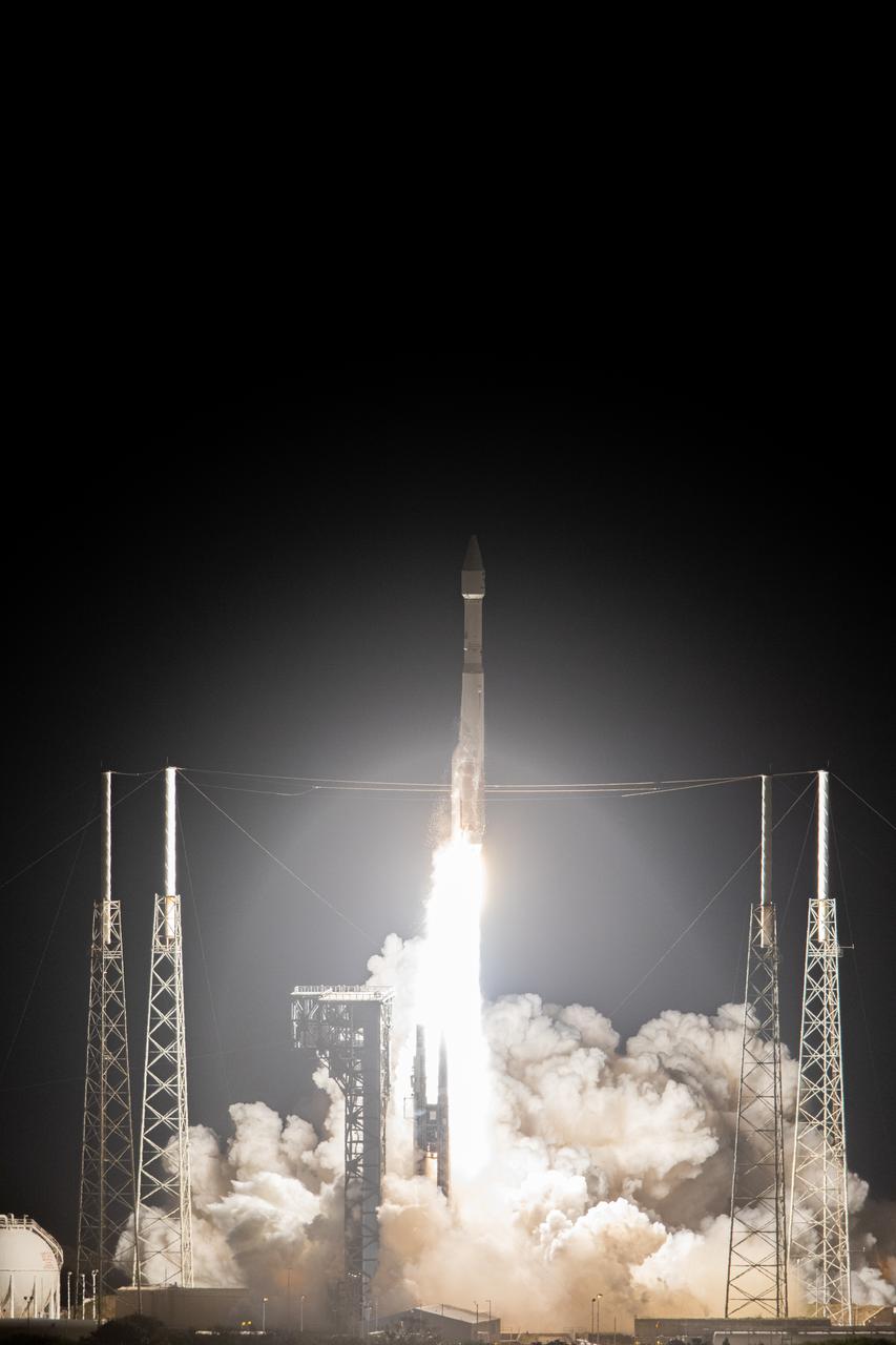 The United Launch Alliance Atlas V rocket, carrying the Solar Orbiter, climbs upward after liftoff from Space Launch Complex 41 on Cape Canaveral Air Force Station in cmsFlorida on Feb. 9, 2020. Liftoff was at 11:03 p.m. EST. Solar Orbiter is an international cooperative mission between ESA (European Space Agency) and NASA. The mission aims to study the Sun, its outer atmosphere and solar wind. The spacecraft will provide the first images of the Sun’s poles. The spacecraft was developed by Airbus Defence and Space. NASA’s Launch Services Program based at Kennedy managed the launch.