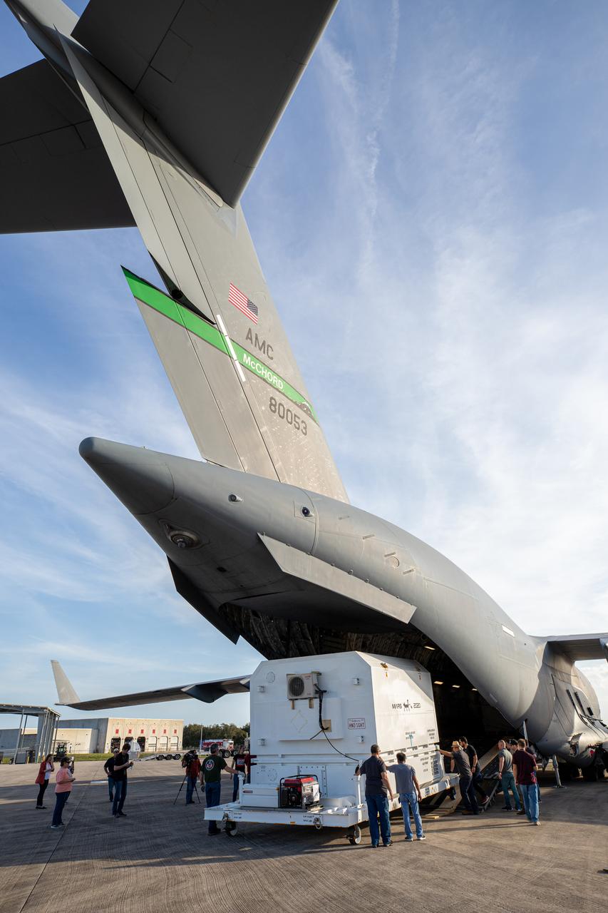 The Mars 2020 rover is offloaded from a C-17 aircraft at the Launch and Landing Facility, formerly known as the Shuttle Landing Facility, at NASA’s Kennedy Space Center on Feb. 12, 2020. The rover made a cross-country trip to the Florida spaceport that started at NASA’s Jet Propulsion Laboratory in Pasadena, California. The mission, targeted for mid-July 2020, will launch aboard an Atlas V 541 rocket from Cape Canaveral Air Force Station. NASA’s Launch Services Program based at Kennedy is managing the launch.