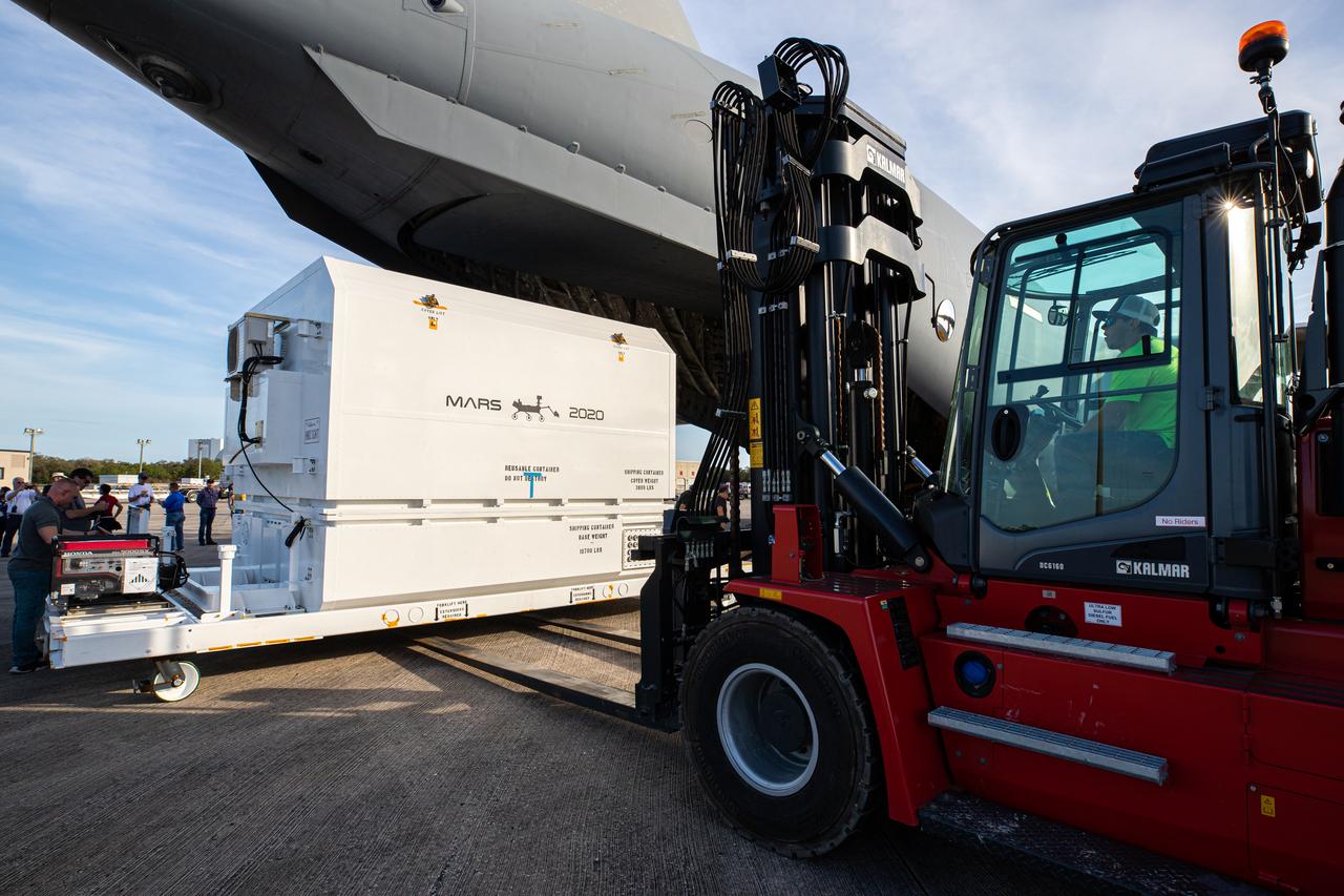 The Mars 2020 rover is offloaded from a C-17 aircraft at the Launch and Landing Facility, formerly known as the Shuttle Landing Facility, at NASA’s Kennedy Space Center on Feb. 12, 2020. The rover made a cross-country trip to the Florida spaceport that started at NASA’s Jet Propulsion Laboratory in Pasadena, California. The mission, targeted for mid-July 2020, will launch aboard an Atlas V 541 rocket from Cape Canaveral Air Force Station. NASA’s Launch Services Program based at Kennedy is managing the launch.