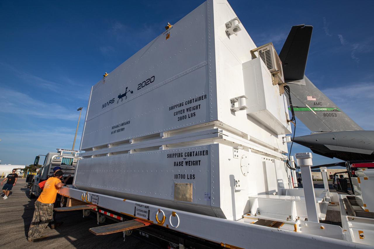 The Mars 2020 rover is offloaded from a C-17 aircraft at the Launch and Landing Facility, formerly known as the Shuttle Landing Facility, at NASA’s Kennedy Space Center on Feb. 12, 2020. The rover made a cross-country trip to the Florida spaceport that started at NASA’s Jet Propulsion Laboratory in Pasadena, California. The mission, targeted for mid-July 2020, will launch aboard an Atlas V 541 rocket from Cape Canaveral Air Force Station. NASA’s Launch Services Program based at Kennedy is managing the launch.