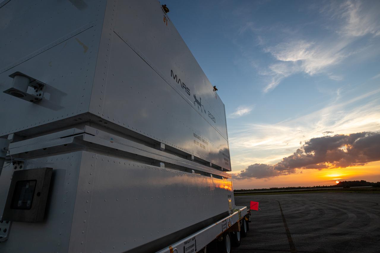 The Mars 2020 is pictured at the Launch and Landing Facility, formerly known as the Shuttle Landing Facility, at NASA’s Kennedy Space Center on Feb. 12, 2020. The rover was delivered to the Florida spaceport on a C-17 aircraft, making a cross-country trip that started at NASA’s Jet Propulsion Laboratory in Pasadena, California. The mission, targeted for mid-July 2020, will launch aboard an Atlas V 541 rocket from Cape Canaveral Air Force Station. NASA’s Launch Services Program based at Kennedy is managing the launch.