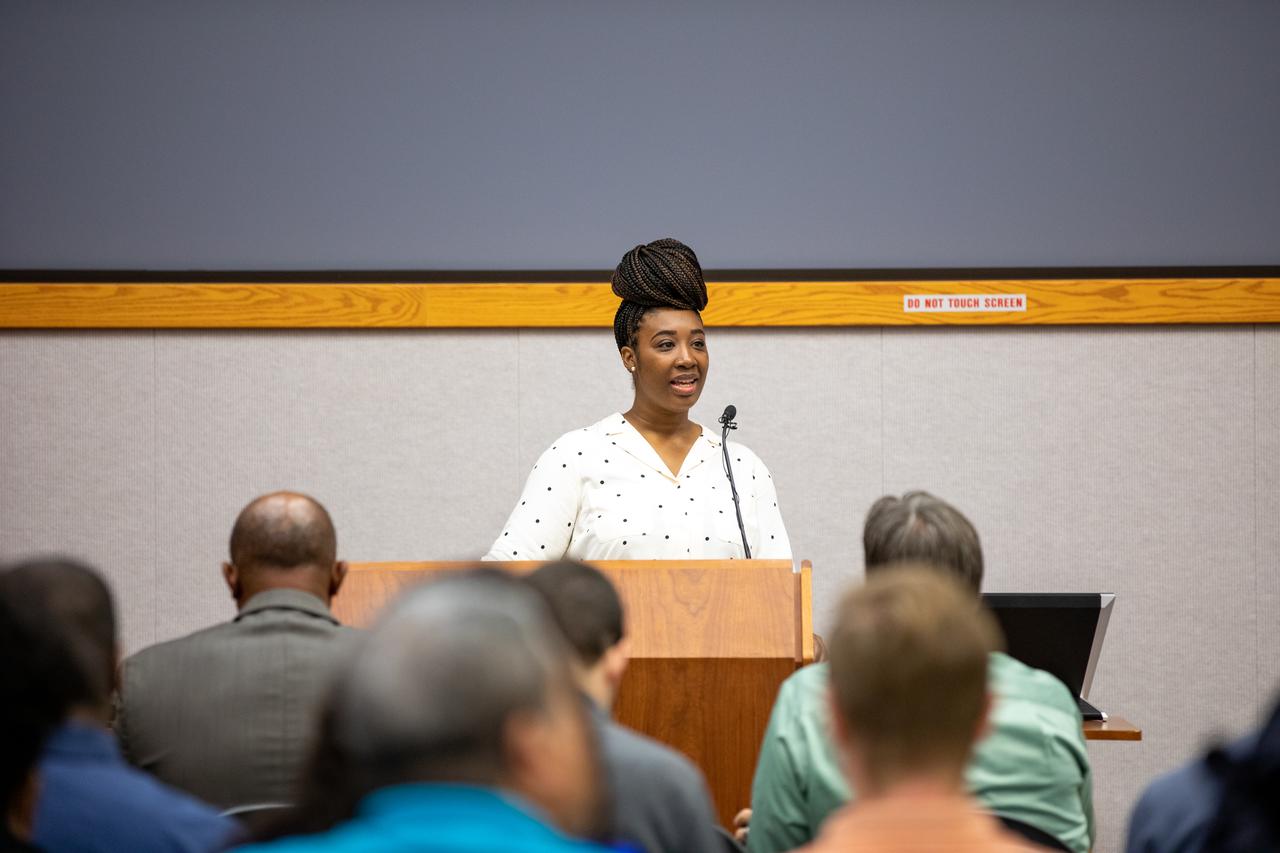 Jakebia Keith, program and contract analyst for the IT Resources Management Office, welcomes NASA and contractor workers to the Black History Month celebration at NASA’s Kennedy Space Center in Florida on Feb. 18, 2020. The program was organized by the Black Employee Strategy Team (BEST), one of the center’s employee resource groups. This year’s theme was “African Americans and the Vote.” Keynote speaker was James Jennings, former NASA associate administrator for Institutions and Management and Kennedy’s former deputy director. Jennings shared advice with workers and managers.