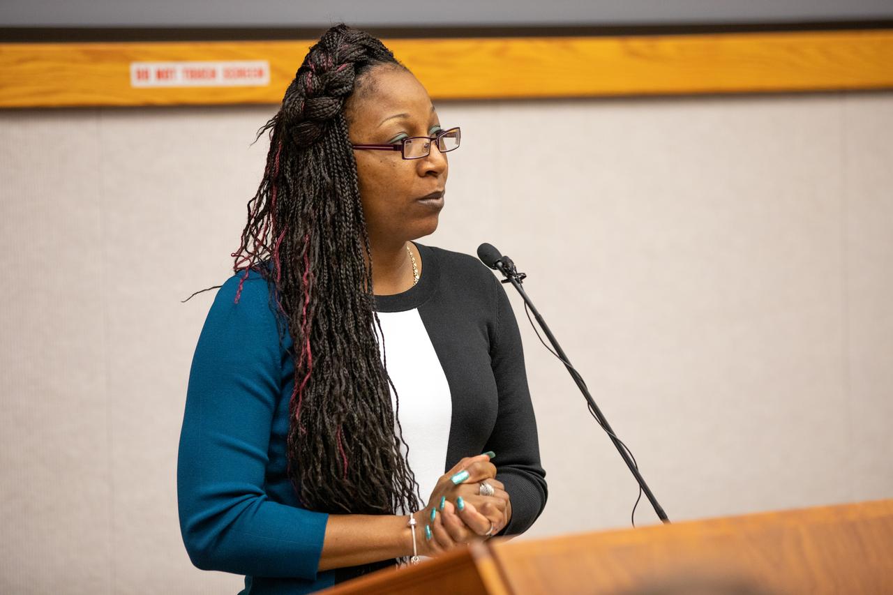 Henrietta Hanner, an administrative assistant in Safety and Mission Assurance, speaks about the theme of this year’s Black History Month celebration at NASA’s Kennedy Space Center in Florida on Feb. 18, 2020. The program was organized by the Black Employee Strategy Team (BEST), one of the center’s employee resource groups. This year’s theme was “African Americans and the Vote.” Keynote speaker was James Jennings, former NASA associate administrator for Institutions and Management and Kennedy’s former deputy director. Jennings shared advice with workers and managers.