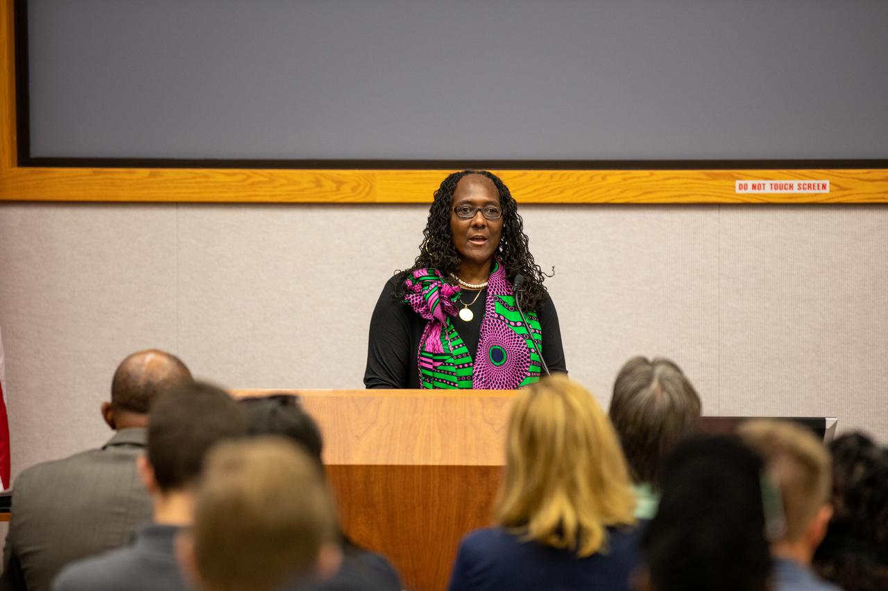 During a Black History Month celebration on Feb. 18, 2020 at NASA’s Kennedy Space Center in Florida, Hortense Diggs, director of Communication and Public Engagement, commemorates the contributions of former NASA employee and mentor Roslyn McKinney. The program was organized by the Black Employee Strategy Team (BEST), one of the center’s employee resource groups. This year’s theme was “African Americans and the Vote.” Keynote speaker was James Jennings, former NASA associate administrator for Institutions and Management and Kennedy’s former deputy director. Jennings shared advice with workers and managers.