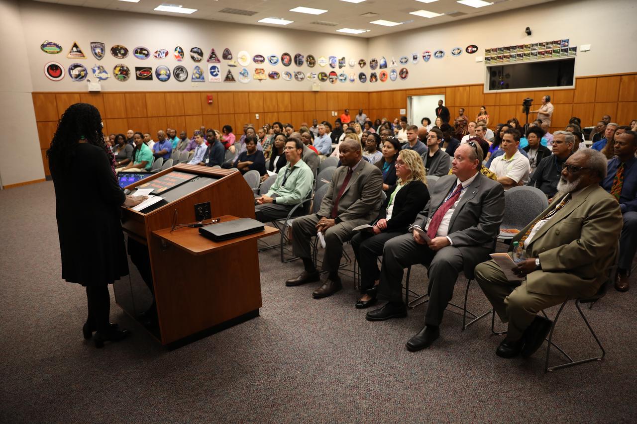 During a Black History Month celebration on Feb. 18, 2020 at NASA’s Kennedy Space Center in Florida, Hortense Diggs, at the podium, director of Communication and Public Engagement, commemorates the contributions of former NASA employee and mentor Roslyn McKinney. The program was organized by the Black Employee Strategy Team (BEST), one of the center’s employee resource groups. This year’s theme was “African Americans and the Vote.” Keynote speaker was James Jennings, seated, far right, former NASA associate administrator for Institutions and Management and Kennedy’s former deputy director. Jennings shared advice with workers and managers.