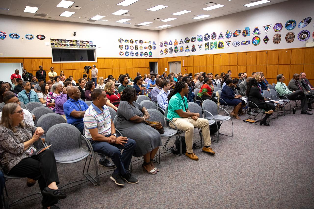 NASA and contractor workers attend a Black History Month celebration at Kennedy Space Center in Florida on Feb. 18, 2020. James Jennings, former NASA associate administrator for Institutions and Management and former Kennedy Space Center deputy director, was the keynote speaker. The program was organized by the Black Employee Strategy Team (BEST), one of the center’s employee resource groups. This year’s theme was “African Americans and the Vote.” Jennings shared advice with workers and managers.