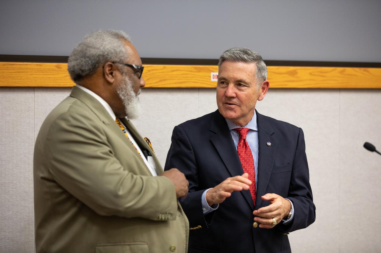 Kennedy Space Center Director Bob Cabana, at right, speaks with James Jennings, former NASA associate administrator for Institutions and Management and former Kennedy deputy director, during the center’s Black History Month celebration on Feb. 18, 2020. Jennings was the keynote speaker. The program was organized by the Black Employee Strategy Team (BEST), one of the center’s employee resource groups. This year’s theme was “African Americans and the Vote.” Jennings shared advice with workers and managers.