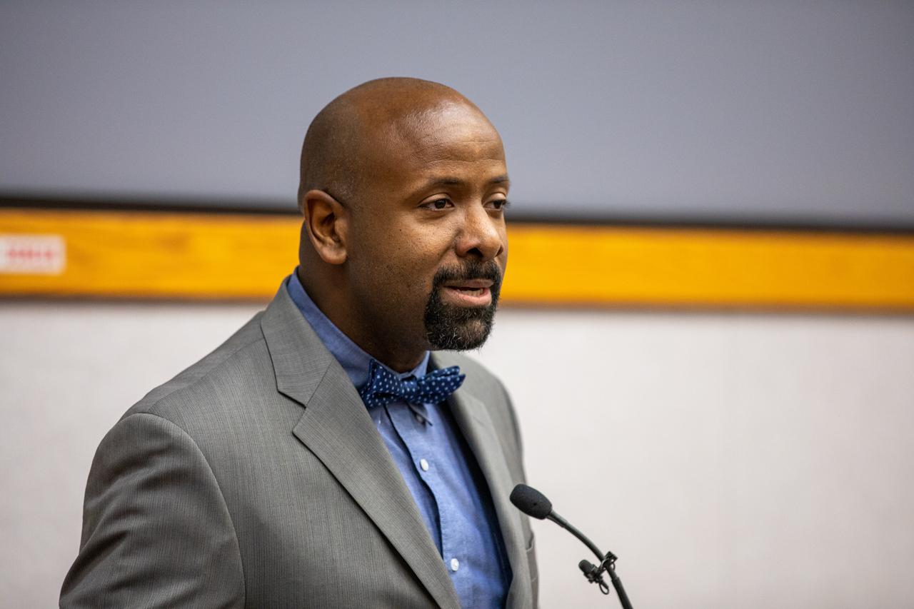 Martin Hayes, program analyst with Exploration Ground Systems and chairperson of the Black Employee Strategy Team (BEST), one of the center’s employee resource groups, speaks to attendees during a Black History Month celebration on Feb. 18, 2020, at NASA’s Kennedy Space Center in Florida. The program was organized by BEST. This year’s theme was “African Americans and the Vote.” James Jennings, former NASA associate administrator for Institutions and Management and former Kennedy Space Center deputy director, was keynote speaker at the event.