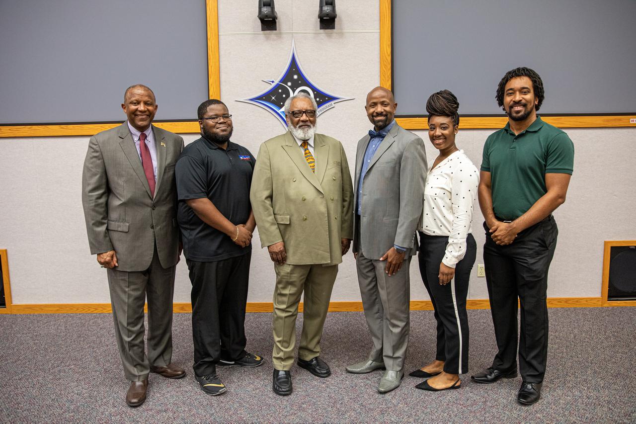 A Black History Month celebration was held on Feb. 18, 2020 at NASA’s Kennedy Space Center in Florida. The program was organized by the Black Employee Strategy Team (BEST), one of the center’s employee resource groups. This year’s theme was “African Americans and the Vote.” From left are Kelvin Manning, Kennedy’s associate director, technical; Daren Etienne, BEST marketing director; James Jennings, keynote speaker, former NASA associate administrator for Institutions and Management and Kennedy’s former deputy director; Martin Hayes, BEST chairperson; Jakebia Keith, program and contract analyst for the IT Resources Management Office and BEST secretary; and Phillip Hargrove, BEST co-chairperson.