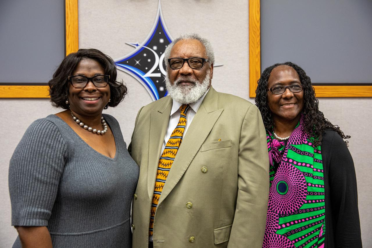 A Black History Month celebration was held on Feb. 18, 2020 at NASA’s Kennedy Space Center in Florida. The program was organized by the Black Employee Strategy Team (BEST), one of the center’s employee resource groups. This year’s theme was “African Americans and the Vote.” From left are Kim Carter, associate program manager, Exploration Ground Systems; James Jennings, keynote speaker, former NASA associate administrator for Institutions and Management and Kennedy’s former deputy director; and Hortense Diggs, director of Communication and Public Engagement.