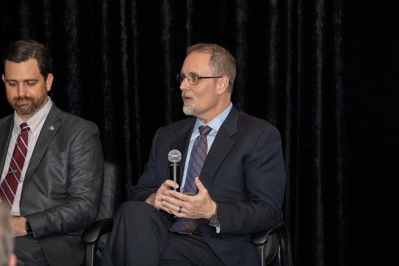 Phil Meade, at right, associate director, Spaceport Integration and Services, participates in a panel discussion during a Community Leaders Update hosted by NASA Kennedy Space Center on Feb. 18, 2020, at the Kennedy Space Center Visitor Complex. At left is Jeremy Parsons, deputy manager, Exploration Ground Systems. Center Director Bob Cabana moderated a panel discussion featuring senior leaders from Exploration Ground Systems, Spaceport Integration and Services, Exploration Research and Technology Programs, Gateway Logistics Element, and Center Planning and Development. Attendees included community leaders, business executives, partners, educators and government leaders. After the presentation, guests had the opportunity to ask questions and visit displays from the programs and some of the commercial partners.