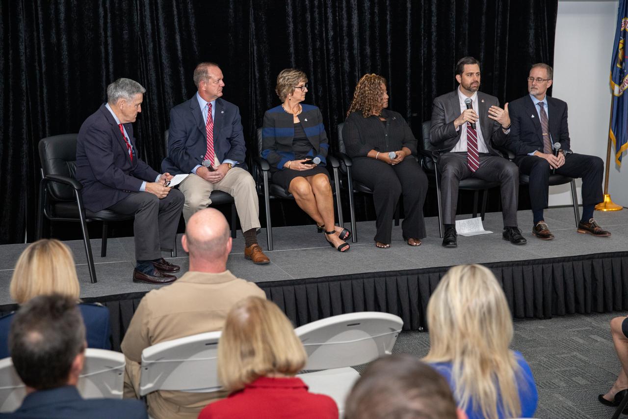 NASA Kennedy Space Center Director Bob Cabana, far left, moderates a panel discussion with senior leaders of NASA and center programs during a Community Leaders Update on Feb. 18, 2020, at the Kennedy Space Center Visitor Complex. From second from left are Tom Engler, director, Center Planning and Development; Jenny Lyons, deputy manager, Gateway Logistics Element; Barbara Brown, chief technologist, Exploration Research and Technology Programs; Jeremy Parsons, deputy manager, Exploration Ground Systems; and Phil Meade, associate director, Spaceport Integration and Services. Attendees included community leaders, business executives, partners, educators and government leaders. After the presentation, guests had the opportunity to ask questions and visit displays from the programs and some of the commercial partners.