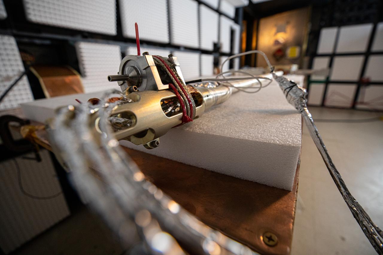 The Restore-L hose management assembly (HMA) test unit undergoes electromagnetic interference testing in the Electromagnetic Lab at NASA's Kennedy Space Center in Florida on Feb. 19, 2020. The HMA is able to extend and retract the hose, somewhat similar to the function of a tape measure. Managed by the agency's Goddard Space Flight Center in Greenbelt, Maryland, Restore-L is an inflight robotic satellite servicer spacecraft. 