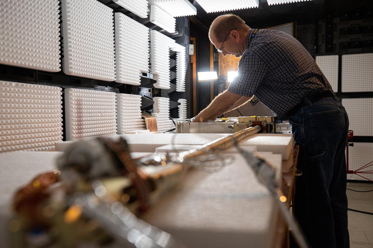 Inside the Electromagnetic Lab at NASA's Kennedy Space Center in Florida, Gabor Tamasy, Hose Management Assembly (HMA) system lead for Restore-L, prepares the HMA test unit for electromagnetic interference testing on Feb. 19, 2020. The HMA is able to extend and retract the hose, somewhat similar to the function of a tape measure. Managed by the agency's Goddard Space Flight Center in Greenbelt, Maryland, Restore-L is an inflight robotic satellite servicer spacecraft. 