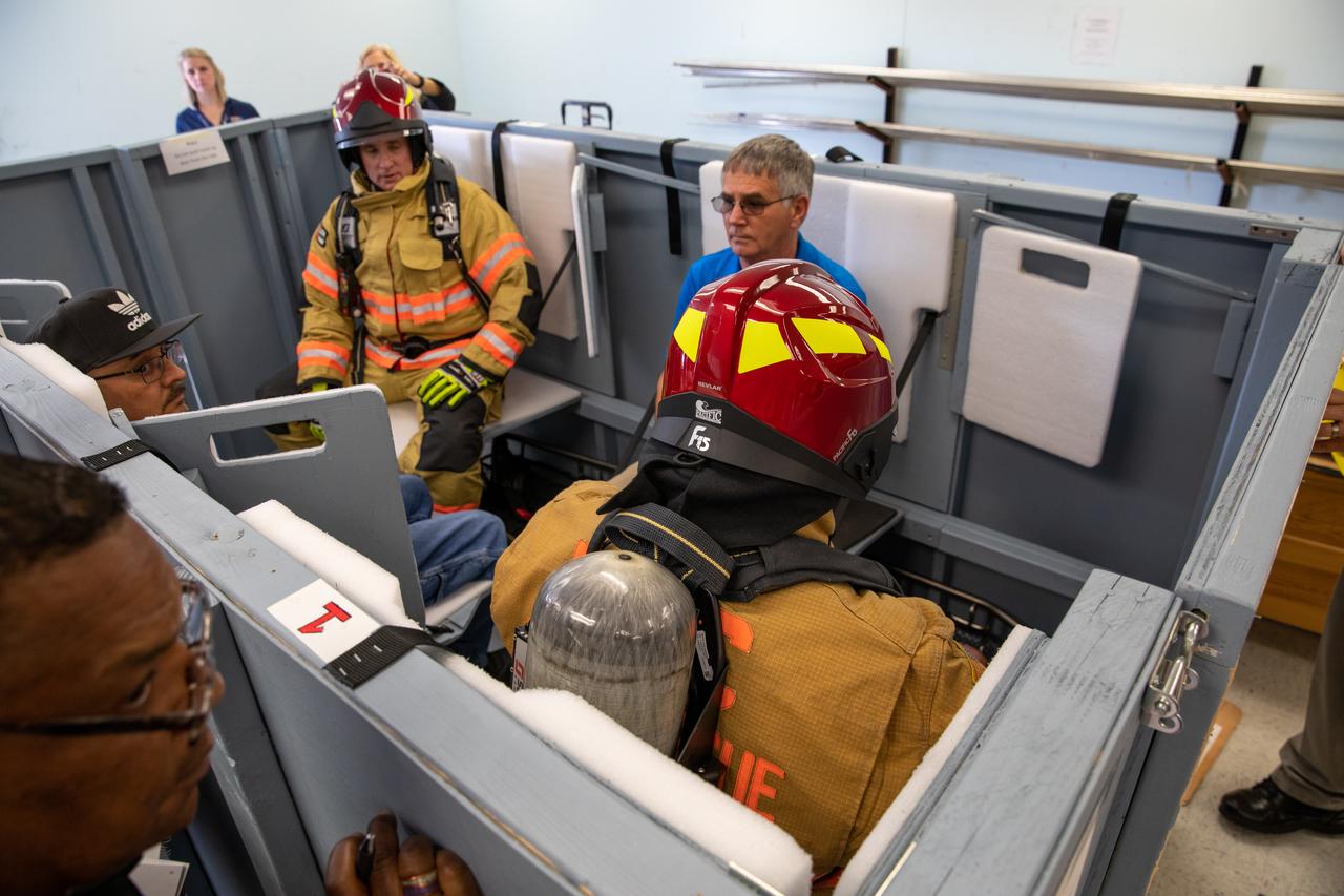 Members of NASA Kennedy Space Center’s Fire Rescue team conduct a series of trial scenarios in a mock-up of a launch pad escape basket on Feb. 19, 2020. Kennedy’s prime contractor Reynolds, Smith and Hill presented the mock-up to NASA, Kennedy Fire Rescue personnel and other stakeholders at the Florida spaceport. The basket would be utilized at Launch Pad 39B in the unlikely event of an emergency at the pad requiring evacuation during crewed missions under the Artemis Program. The actual egress basket will be designed larger than ones used during the shuttle era in order to accommodate fire rescue crew, astronauts and closeout crew. During the presentation, items such as basket release location, seat depth to accommodate firefighters in full gear, sequence of loading and more were addressed. Engineers will take what they learned during this presentation and discussion to advance the design of the pad egress system.