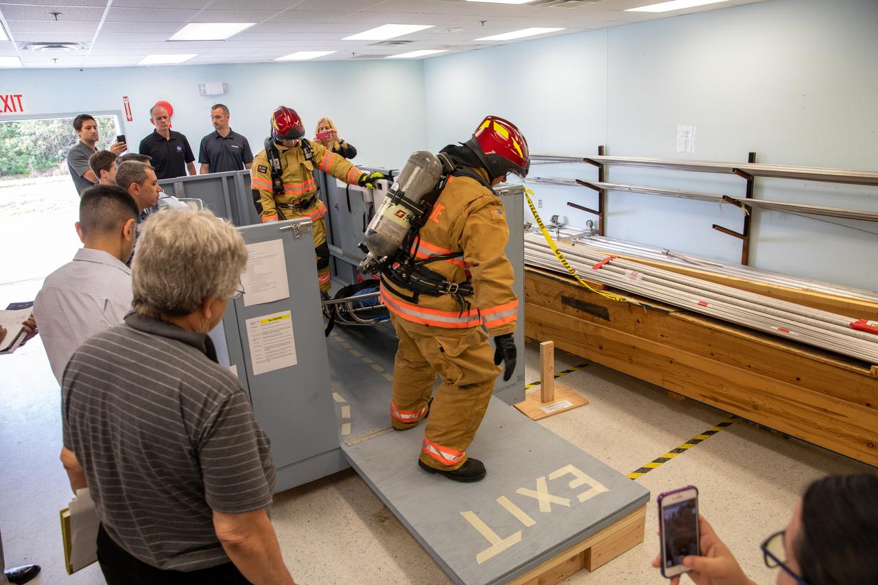 Members of NASA Kennedy Space Center’s Fire Rescue team conduct a series of trial scenarios in a mock-up of a launch pad escape basket on Feb. 19, 2020. Kennedy’s prime contractor Reynolds, Smith and Hill presented the mock-up to NASA, Kennedy Fire Rescue personnel and other stakeholders at the Florida spaceport. The basket would be utilized at Launch Pad 39B in the unlikely event of an emergency at the pad requiring evacuation during crewed missions under the Artemis Program. The actual egress basket will be designed larger than ones used during the shuttle era in order to accommodate fire rescue crew, astronauts and closeout crew. During the presentation, items such as basket release location, seat depth to accommodate firefighters in full gear, sequence of loading and more were addressed. Engineers will take what they learned during this presentation and discussion to advance the design of the pad egress system.