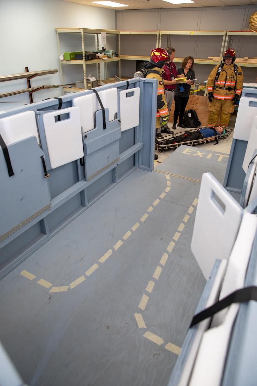 NASA Kennedy Space Center’s prime contractor Reynolds, Smith and Hill presents a mock-up of a launch pad escape basket to NASA, Kennedy Fire Rescue personnel and other stakeholders on Feb. 19, 2020. The basket would be utilized at the Florida spaceport’s Launch Pad 39B in the unlikely event of an emergency at the pad requiring evacuation during crewed missions under the Artemis Program. The actual egress basket will be designed larger than ones used during the shuttle era in order to accommodate fire rescue crew, astronauts and closeout crew. During the presentation, a fire rescue team walked through a series of trial scenarios and addressed items such as basket release location, seat depth to accommodate firefighters in full gear, sequence of loading and more.