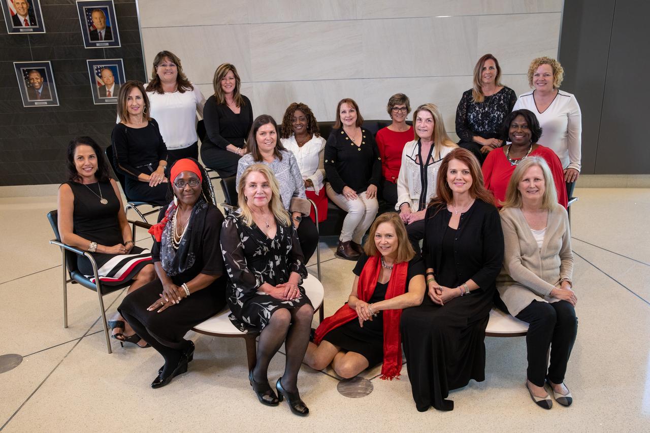 Senior managers at NASA’s Kennedy Space Center pose inside the Florida spaceport’s Central Campus Headquarters building on Feb. 24, 2020, in recognition of Women’s History Month. Pictured are: Hortense Diggs, Susan Kroskey, Janet Petro, Charlie Blackwell-Thompson, Vicki Johnston, Maria Collura, Jeanne O’Bryan, Vanessa Stromer, Kim Carter, Laura Rochester, Becky Murray, Jennifer Kunz, Barbara Brown, Kathy Loftin, Jenny Lyons, Dana Hutcherson and Dicksy Chrostowski.