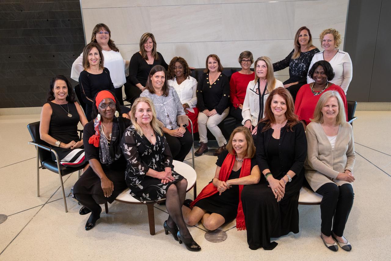 Senior managers at NASA’s Kennedy Space Center pose inside the Florida spaceport’s Central Campus Headquarters building on Feb. 24, 2020, in recognition of Women’s History Month. Pictured are: Hortense Diggs, Susan Kroskey, Janet Petro, Charlie Blackwell-Thompson, Vicki Johnston, Maria Collura, Jeanne O’Bryan, Vanessa Stromer, Kim Carter, Laura Rochester, Becky Murray, Jennifer Kunz, Barbara Brown, Kathy Loftin, Jenny Lyons, Dana Hutcherson and Dicksy Chrostowski.