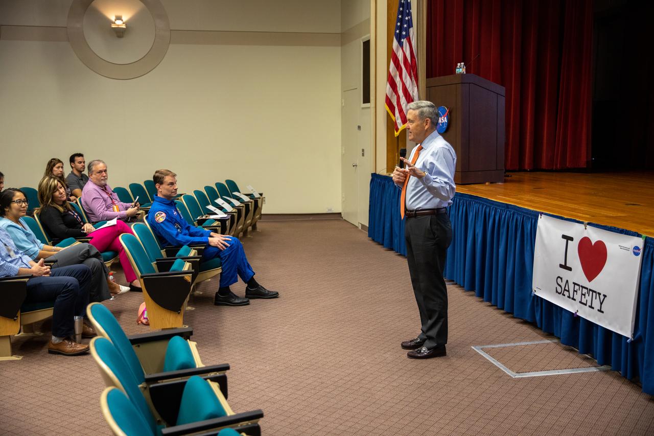 Kennedy Space Center Director Bob Cabana introduces guest speaker and NASA astronaut Stan Love inside the Training Auditorium on March 2, 2020, during the Florida spaceport’s annual Safety and Health Days. Taking place March 2 through March 6, Safety and Health Days provides Kennedy employees with a variety of presentations to attend – all of which focus on how to maintain a safe and healthy workforce. Love’s presentation included information on identifying and distinguishing when circumstances change from an annoyance to a threat in space operations.
