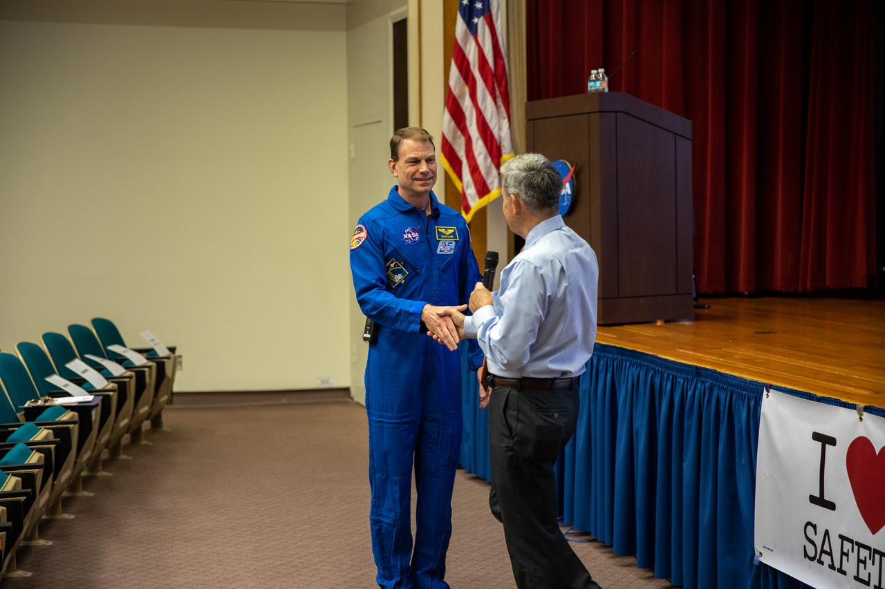 Kennedy Space Center Director Bob Cabana, right, introduces guest speaker and NASA astronaut Stan Love inside the Training Auditorium on March 2, 2020, during the Florida spaceport’s annual Safety and Health Days. Taking place March 2 through March 6, Safety and Health Days provides Kennedy employees with a variety of presentations to attend – all of which focus on how to maintain a safe and healthy workforce. Love’s presentation included information on identifying and distinguishing when circumstances change from an annoyance to a threat in space operations.