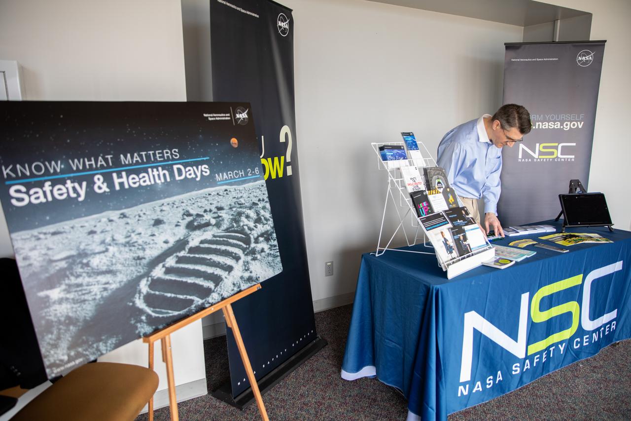 Chas Hoff, a public affairs official from NASA’s Goddard Space Flight Center, stands ready to provide information on the NASA Safety Center to Kennedy Space Center employees in the Florida spaceport’s Training Auditorium on March 2, 2020. Hoff had an informational table set up during the center’s annual Safety and Health Days, which took place March 2 through March 6. Throughout the week, Kennedy employees had the opportunity to attend a variety of presentations – all of which focused on how to maintain a safe and healthy workforce.