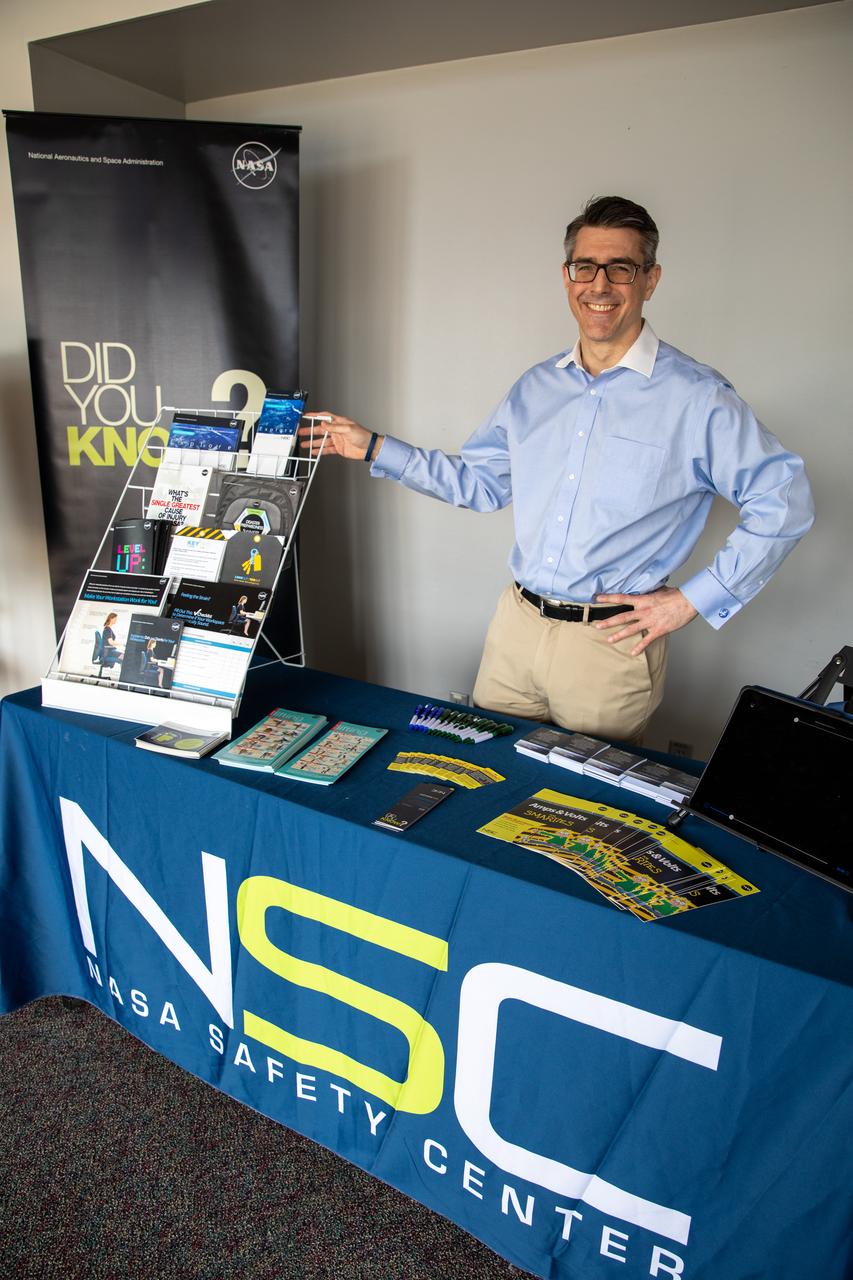 Chas Hoff, a public affairs official from NASA’s Goddard Space Flight Center, stands ready to provide information on the NASA Safety Center to Kennedy Space Center employees in the Florida spaceport’s Training Auditorium on March 2, 2020. Hoff had an informational table set up during the center’s annual Safety and Health Days, which took place March 2 through March 6. Throughout the week, Kennedy employees had the opportunity to attend a variety of presentations – all of which focused on how to maintain a safe and healthy workforce.