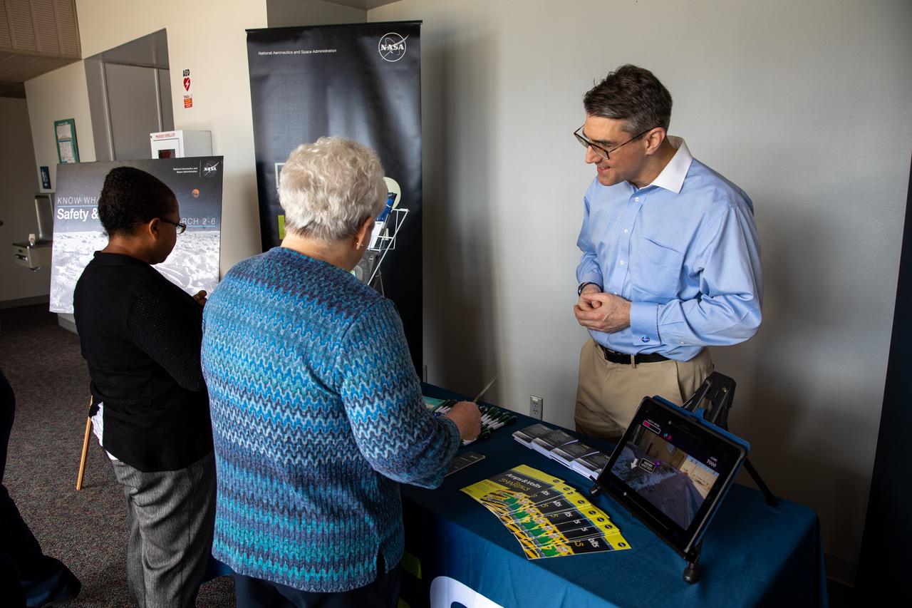 Chas Hoff, a public affairs official from NASA’s Goddard Space Flight Center, provides information on the NASA Safety Center to Kennedy Space Center employees in the Florida spaceport’s Training Auditorium on March 2, 2020. Hoff had an informational table set up during the center’s annual Safety and Health Days, which took place March 2 through March 6. Throughout the week, Kennedy employees had the opportunity to attend a variety of presentations – all of which focused on how to maintain a safe and healthy workforce.