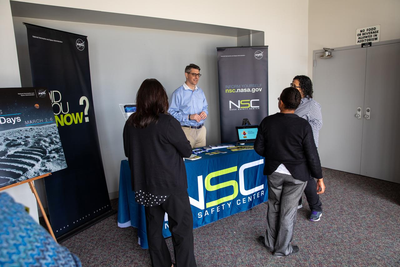 Chas Hoff, a public affairs official from NASA’s Goddard Space Flight Center, provides information on the NASA Safety Center to Kennedy Space Center employees in the Florida spaceport’s Training Auditorium on March 2, 2020. Hoff had an informational table set up during the center’s annual Safety and Health Days, which took place March 2 through March 6. Throughout the week, Kennedy employees had the opportunity to attend a variety of presentations – all of which focused on how to maintain a safe and healthy workforce.