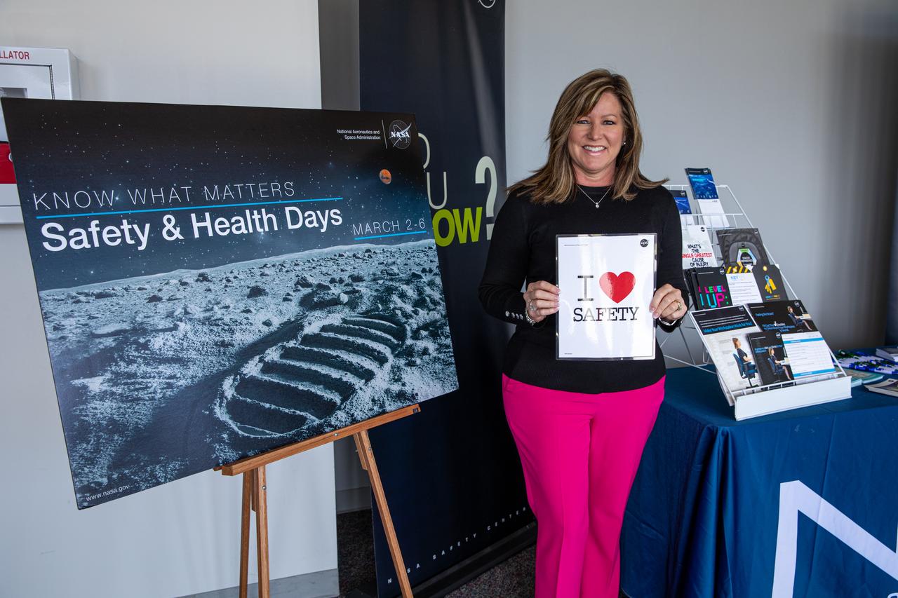 Jennifer Kunz, director of Safety and Mission Assurance (SMA) at NASA’s Kennedy Space Center in Florida, poses with the SMA “I Love Safety” poster during the Florida spaceport’s annual Safety and Health Days on March 2, 2020. Taking place March 2 through March 6, Safety and Health Days provides Kennedy employees with a variety of presentations to attend – all of which focus on how to maintain a safe and healthy workforce.
