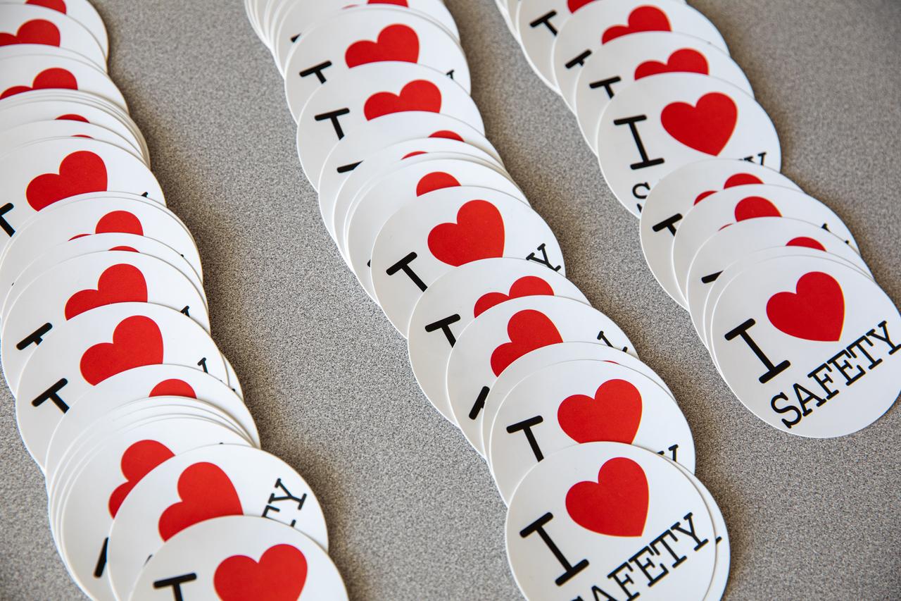 “I Love Safety” stickers are photographed inside the Training Auditorium at NASA’s Kennedy Space Center in Florida on March 2, 2020. The stickers were available for Kennedy employees during the center’s annual Safety and Health Days, which took place March 2 through March 6. Throughout the week, Kennedy employees had the opportunity to attend a variety of presentations – all of which focused on how to maintain a safe and healthy workforce.