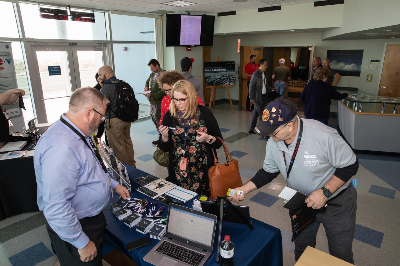 NASA Kennedy Space Center employees learn more about safety from informational tables set up inside the Florida spaceport’s Operations Support Building II on March 3, 2020, during the center’s annual Safety and Health Days. Taking place March 2 through March 6, Safety and Health Days provides Kennedy employees with a variety of presentations to attend – all of which focus on how to maintain a safe and healthy workforce.