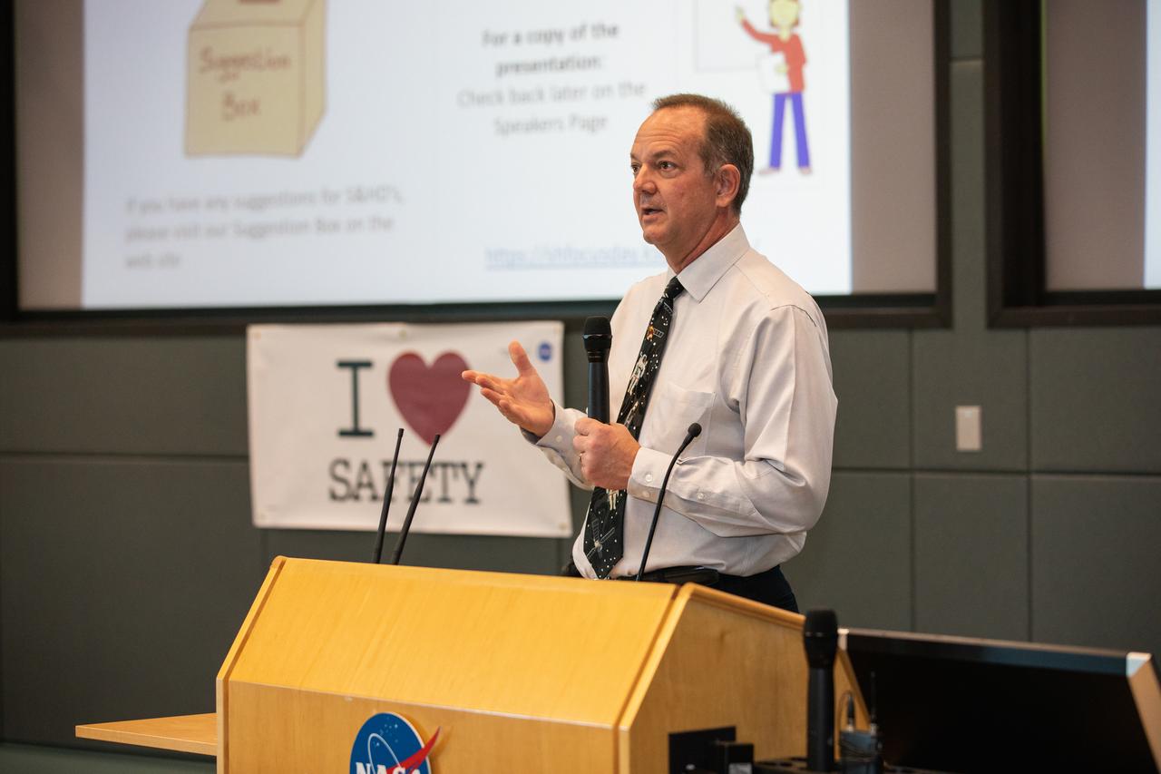 Tom Engler, director of Center Planning and Development at NASA’s Kennedy Space Center in Florida, addresses Kennedy employees inside the Operations Support Building II on March 3, 2020, during the center’s annual Safety and Health Days. Taking place March 2 through March 6, Safety and Health Days provides Kennedy employees with a variety of presentations to attend – all of which focus on how to maintain a safe and healthy workforce.